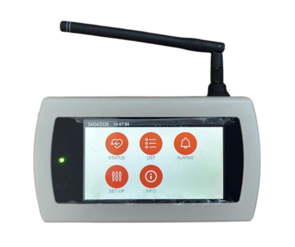 Temperature monitoring base station with touchscreen display and wireless antenna, used to monitor sensor status, alarms and environmental conditions in healthcare settings