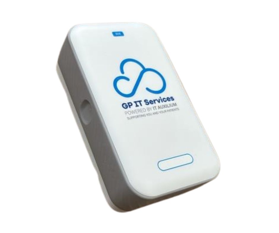 Wireless temperature and environmental monitoring sensor branded GP IT Services, shown at an angled perspective for use in refrigerators, freezers and clinical environments.
