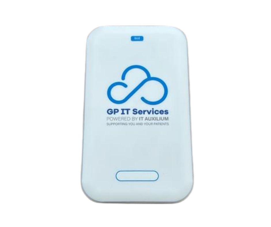 Front view of a GP IT Services wireless temperature and environmental monitoring sensor designed for continuous monitoring in healthcare and pharmaceutical environments.